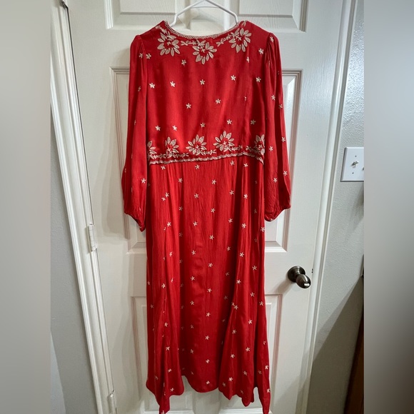 Red/Orange Peasant Dress w/White Embroidery - Picture 3 of 6